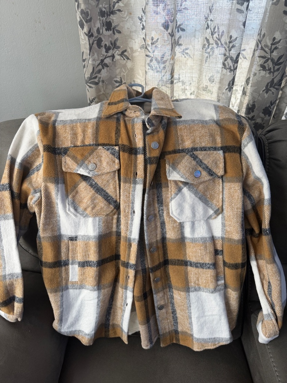 Plaid Button-Up Shacket in Mustard & White